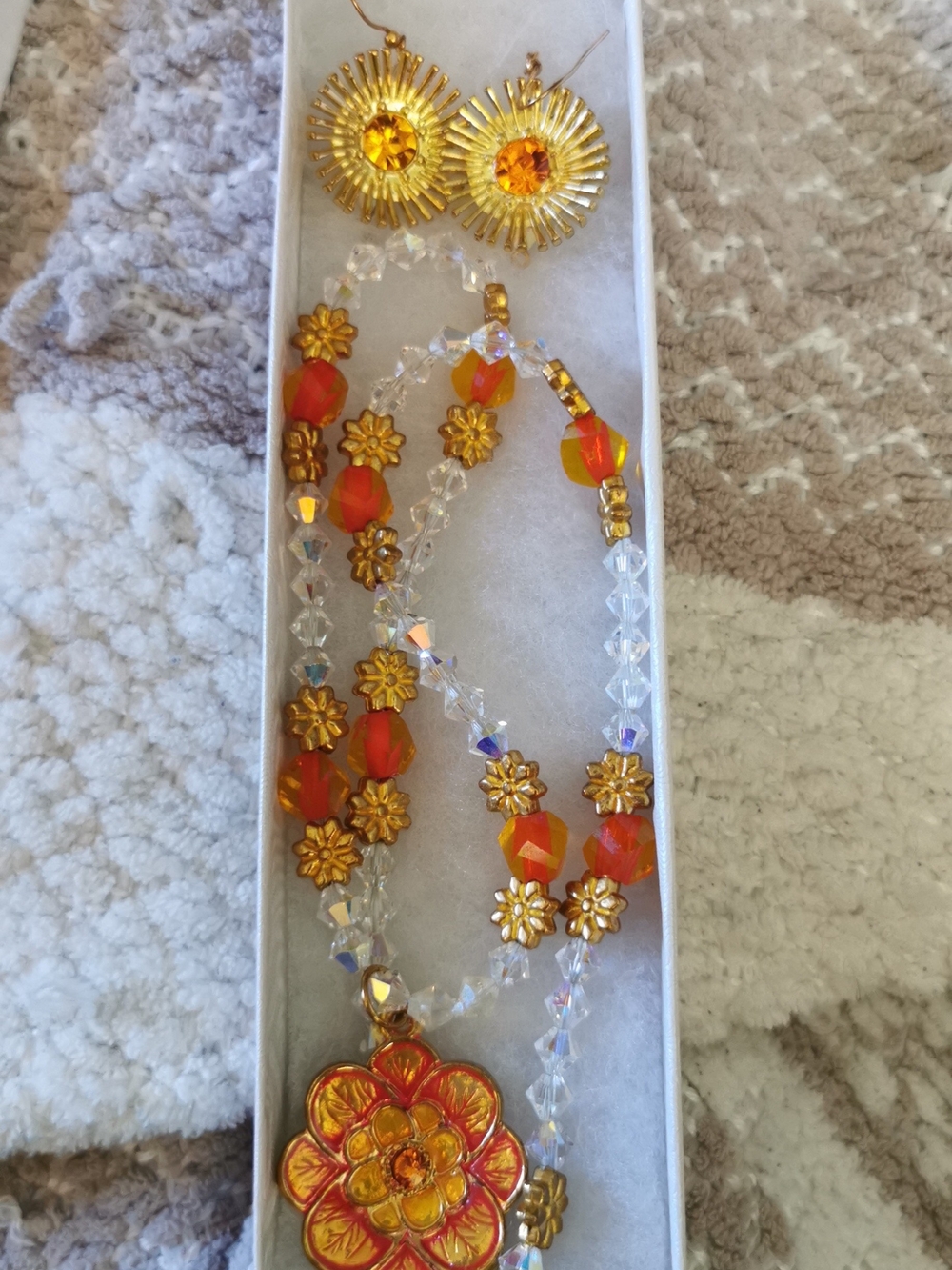 Vintage Gold and Orange Floral Pendant Necklace and Earrings Set